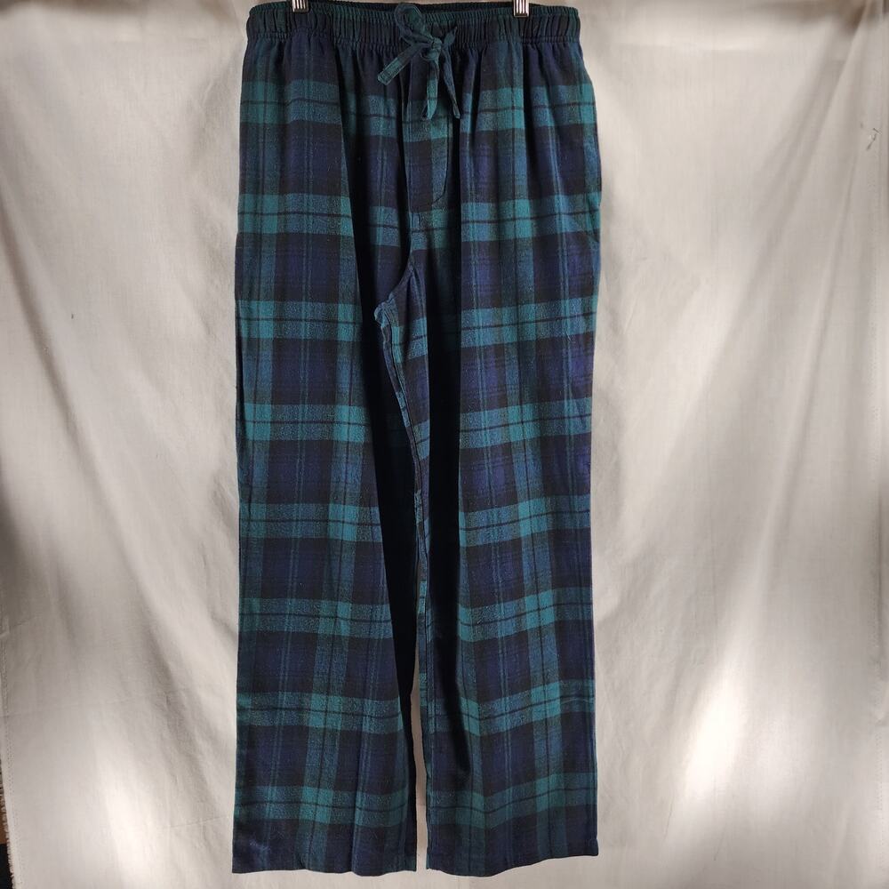 Mens Size Medium Green Blue Flannel Print Pajama Bottoms 100% Cotton Light Cozy